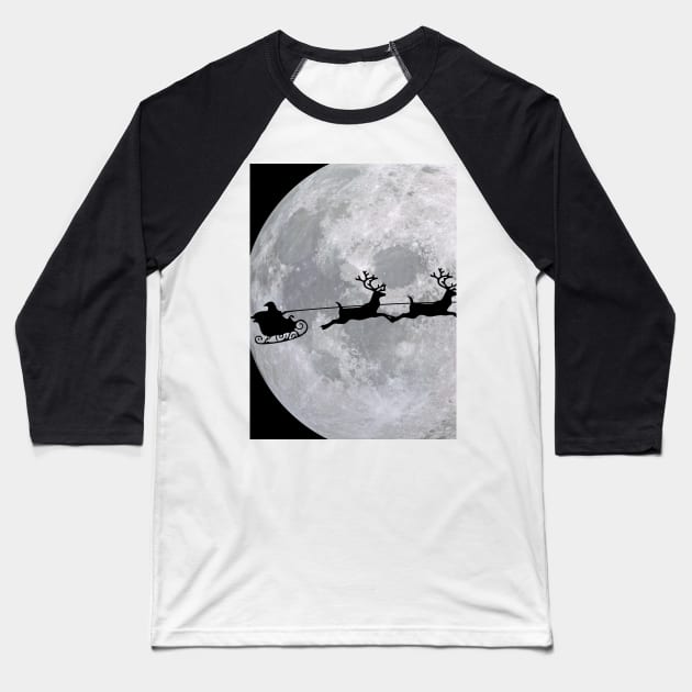 Santa and his sleigh flying across the moon at Christmas time! Baseball T-Shirt by mazdesigns